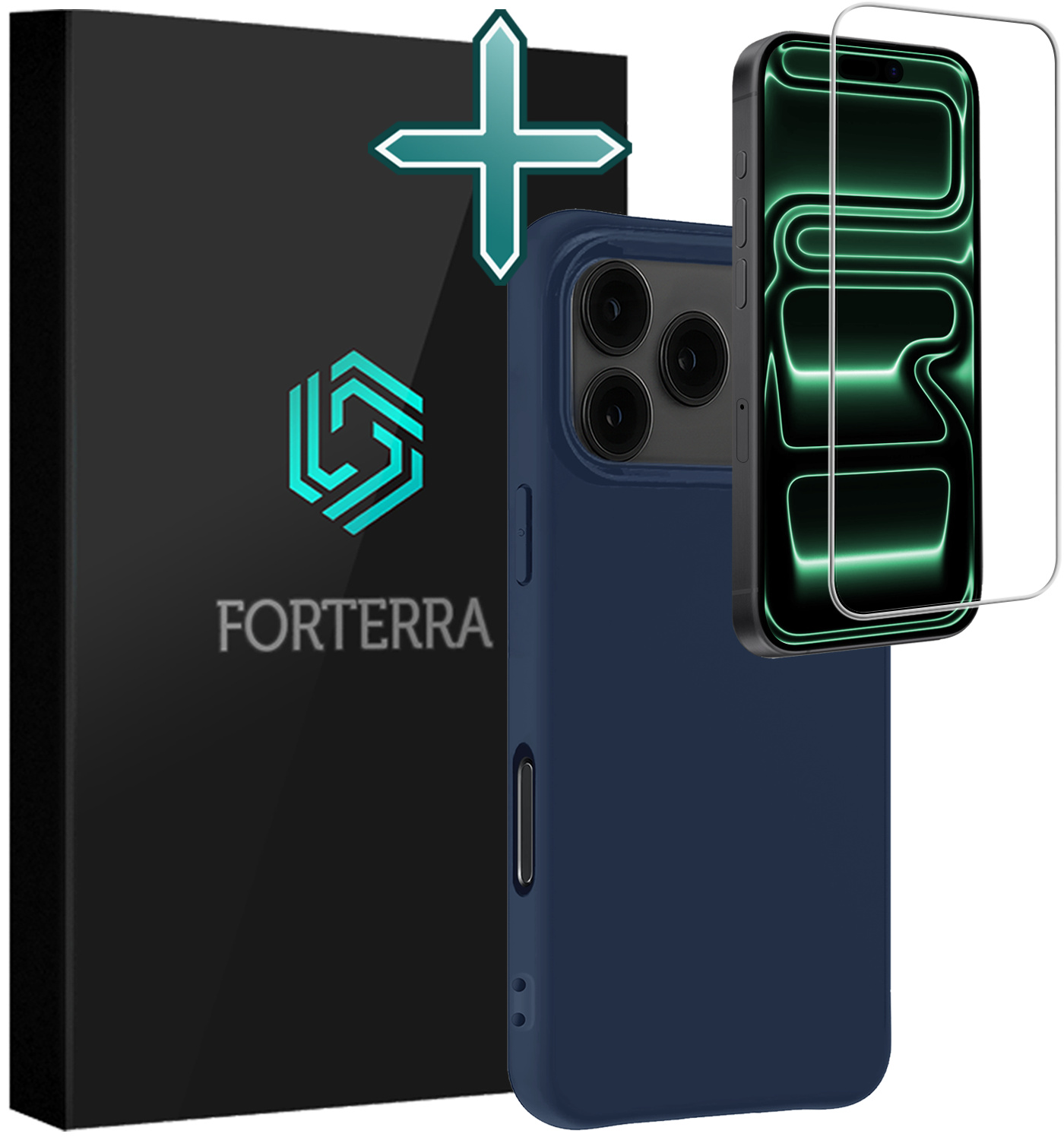 Forterra Forterra iPhone 17 Pro Hoesje Siliconen Met Screenprotector Met Dichte Notch - Donkerblauw