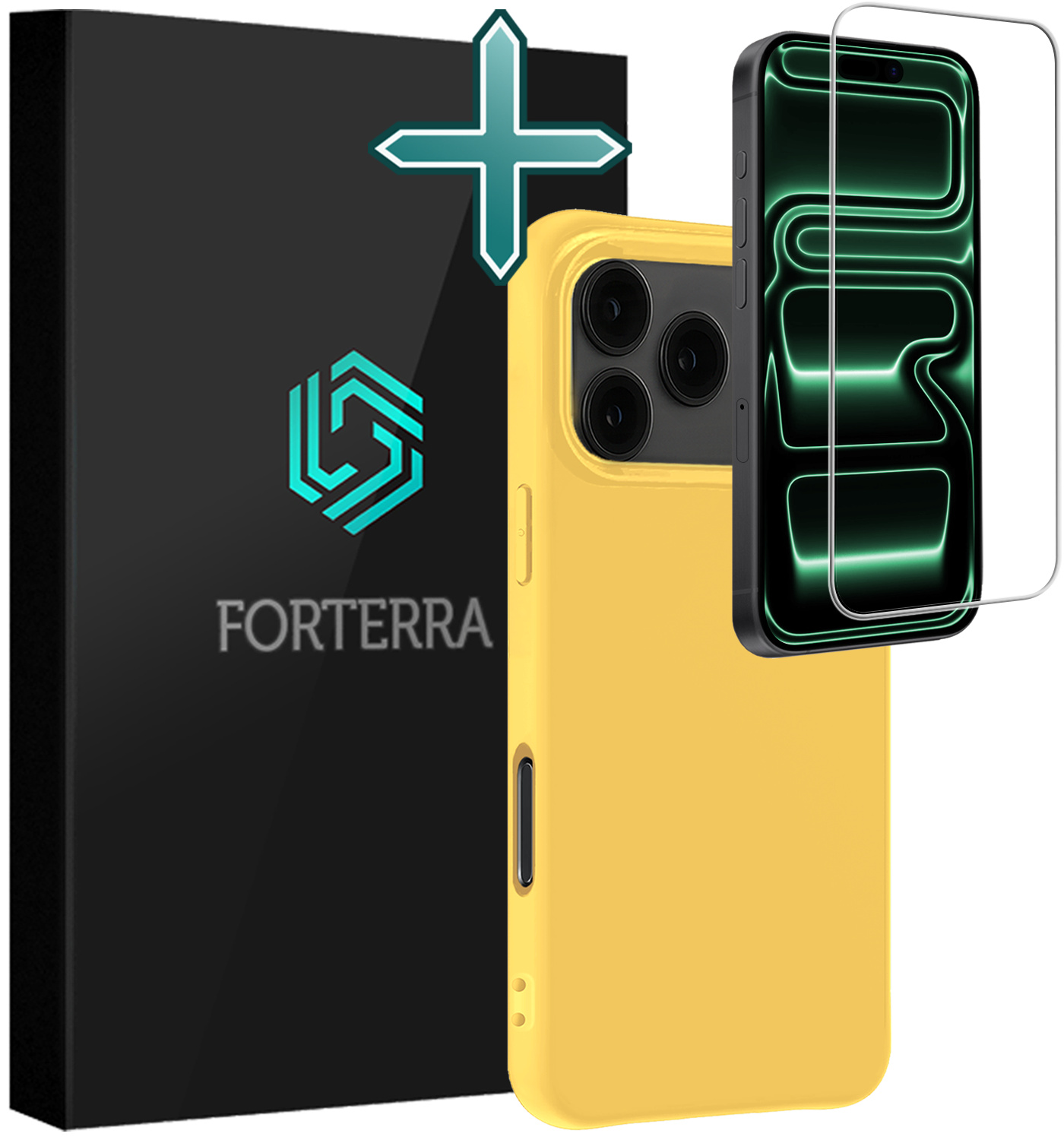 Forterra Forterra iPhone 17 Pro Hoesje Siliconen Met Screenprotector Met Dichte Notch - Geel