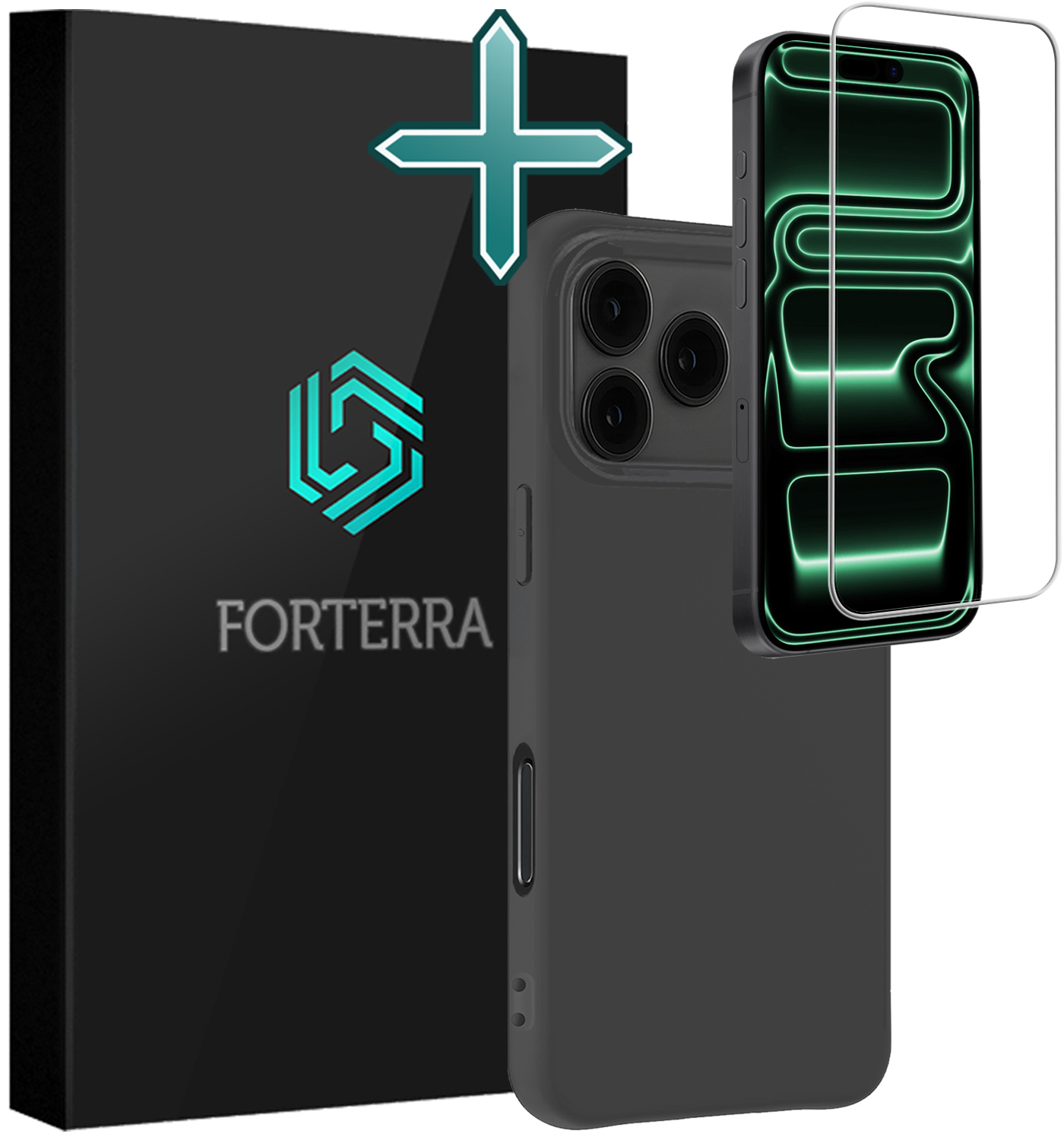 Forterra Forterra iPhone 17 Pro Hoesje Siliconen Met Screenprotector Met Dichte Notch - Zwart