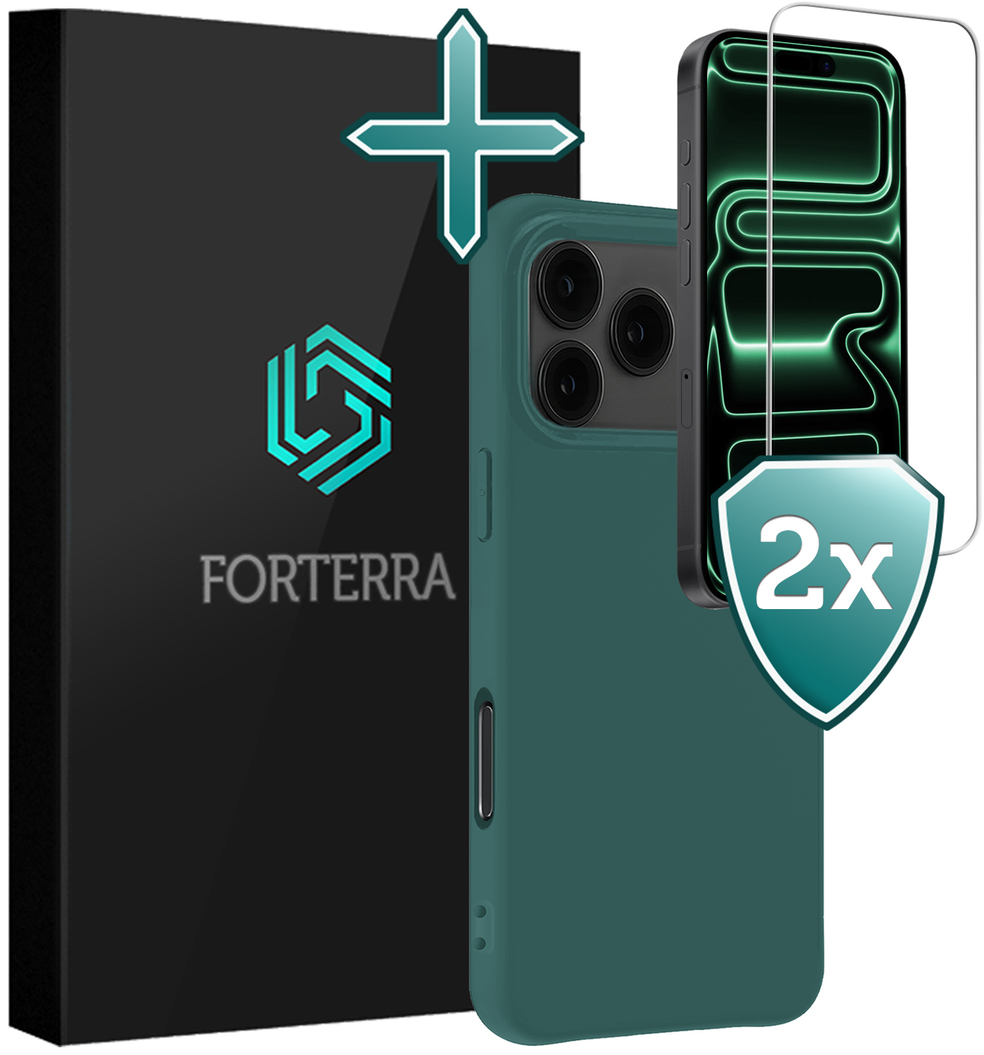 Forterra Forterra iPhone 17 Pro Hoesje Siliconen Met 2x Screenprotector Met Dichte Notch - Donkergroen