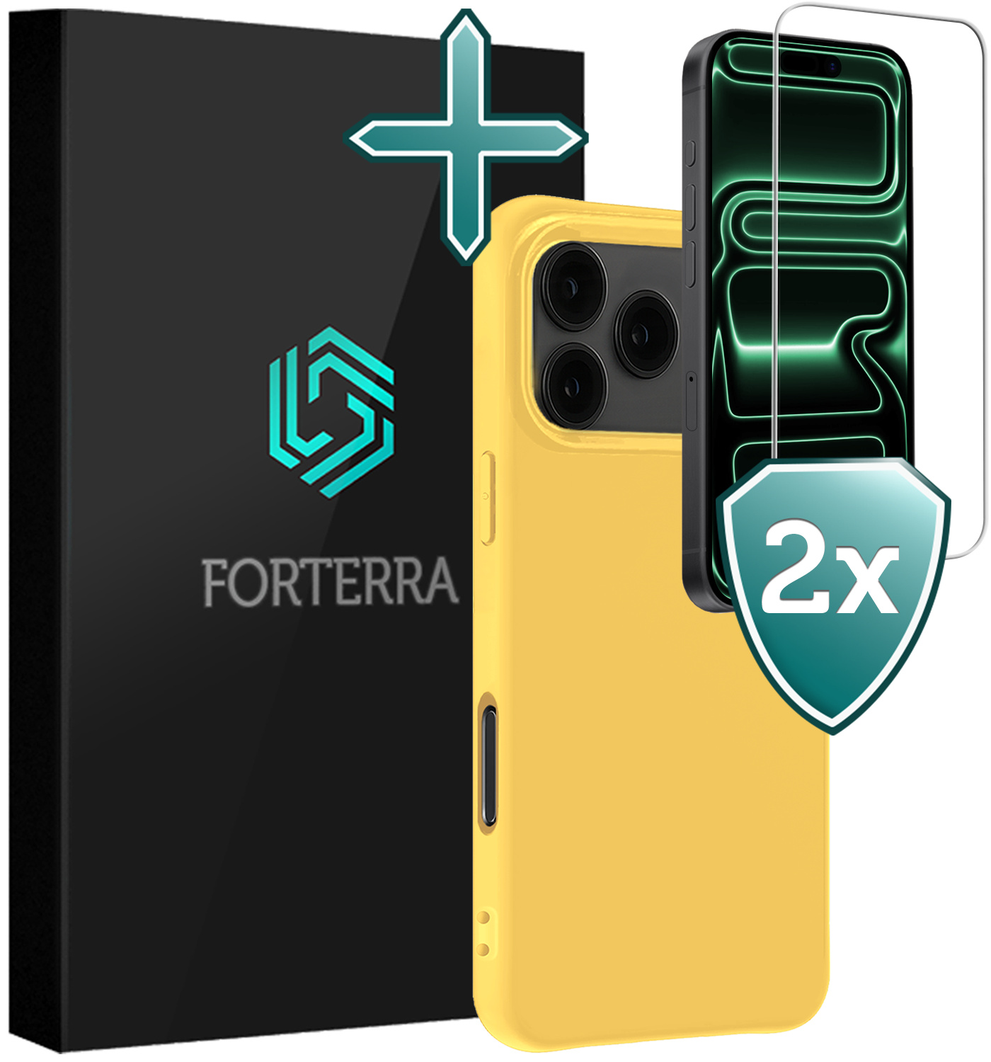 Forterra Forterra iPhone 17 Pro Hoesje Siliconen Met 2x Screenprotector Met Dichte Notch - Geel