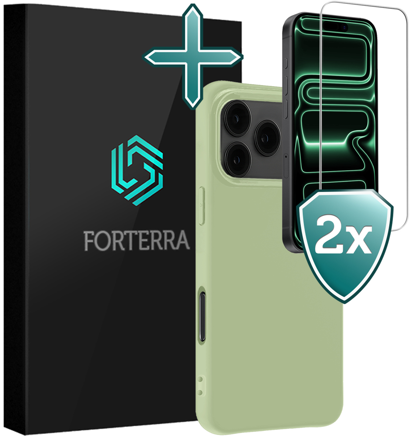 Forterra Forterra iPhone 17 Pro Hoesje Siliconen Met 2x Screenprotector Met Dichte Notch - Groen
