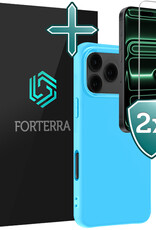 Forterra Forterra iPhone 17 Pro Hoesje Siliconen Met 2x Screenprotector Met Dichte Notch - Lichtblauw