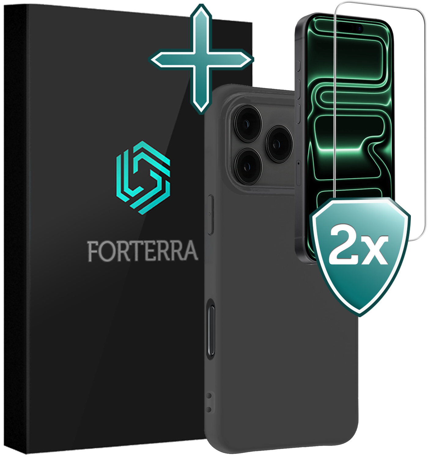 Forterra Forterra iPhone 17 Pro Hoesje Siliconen Met 2x Screenprotector Met Dichte Notch - Zwart