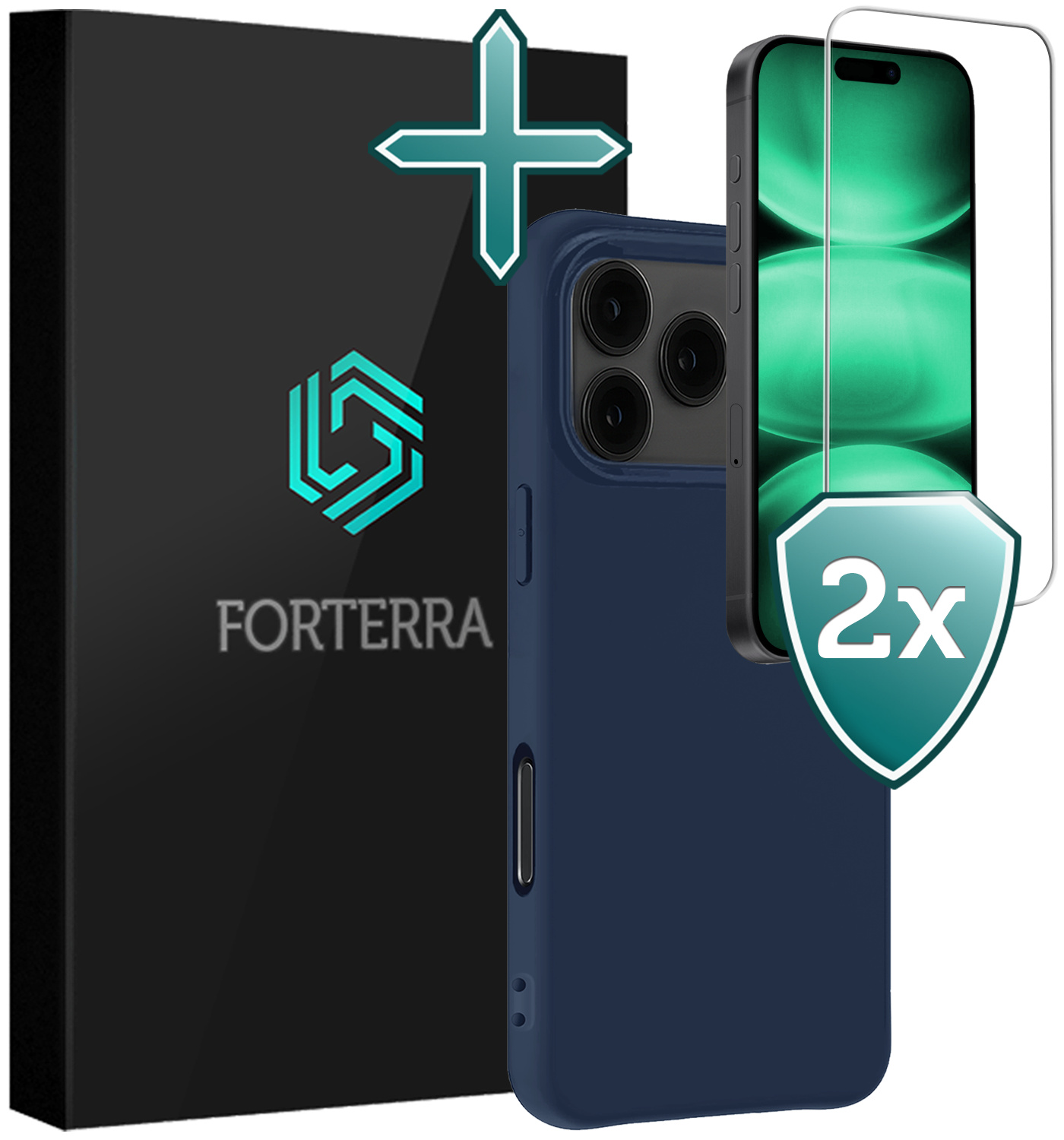 Forterra Forterra iPhone 17 Pro Max Hoesje Siliconen Met 2x Screenprotector Met Dichte Notch - Donkerblauw