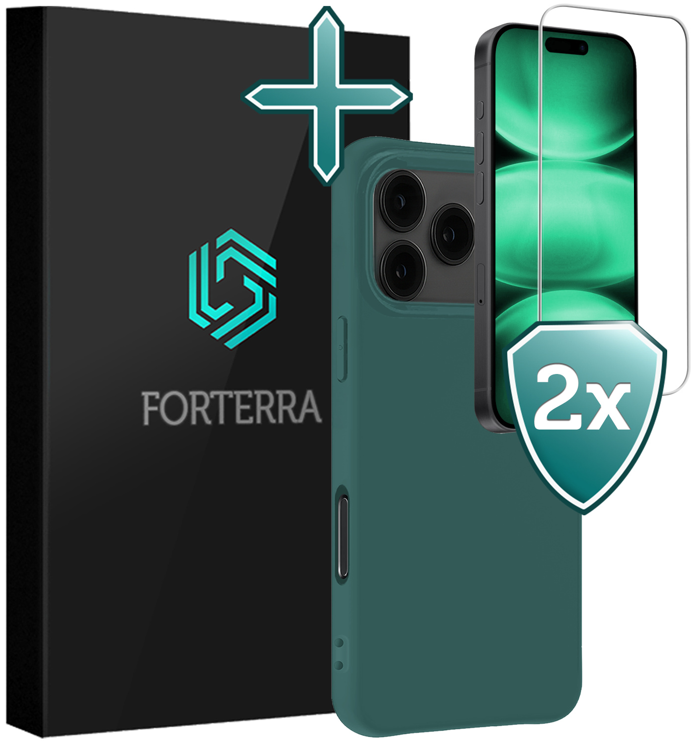 Forterra Forterra iPhone 17 Pro Max Hoesje Siliconen Met 2x Screenprotector Met Dichte Notch - Donkergroen