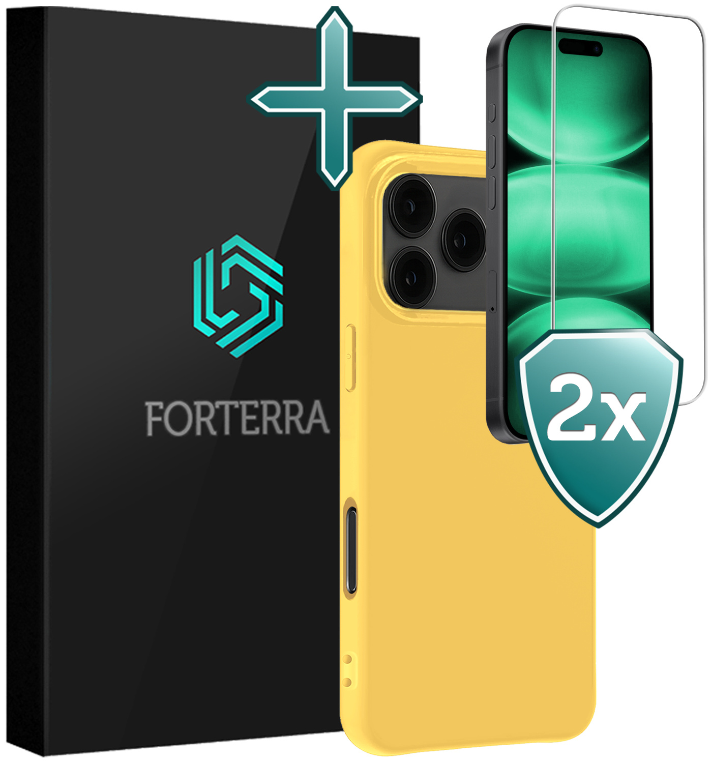 Forterra Forterra iPhone 17 Pro Max Hoesje Siliconen Met 2x Screenprotector Met Dichte Notch - Geel