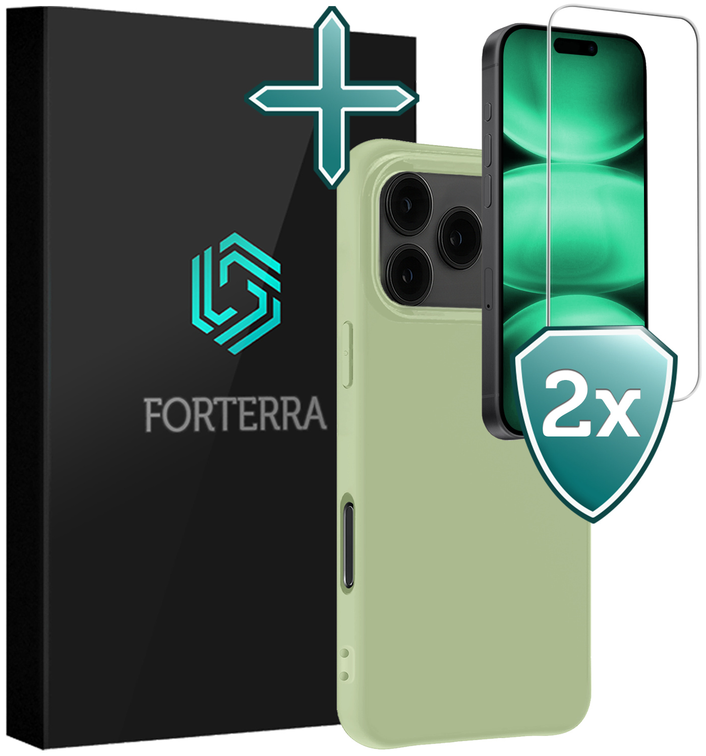Forterra Forterra iPhone 17 Pro Max Hoesje Siliconen Met 2x Screenprotector Met Dichte Notch - Groen