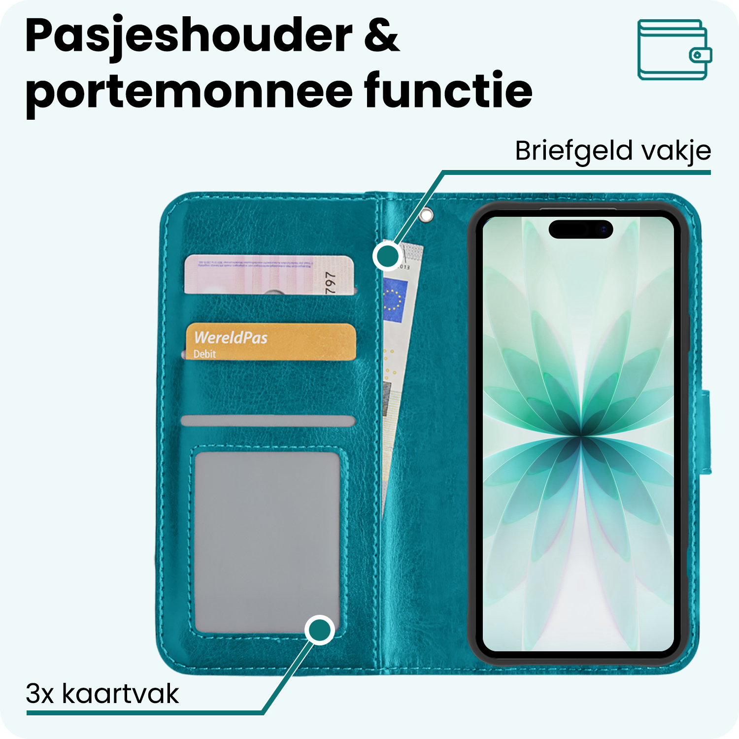 Forterra Forterra iPhone 17 Hoesje Bookcase Met 2x Screenprotector - Turquoise