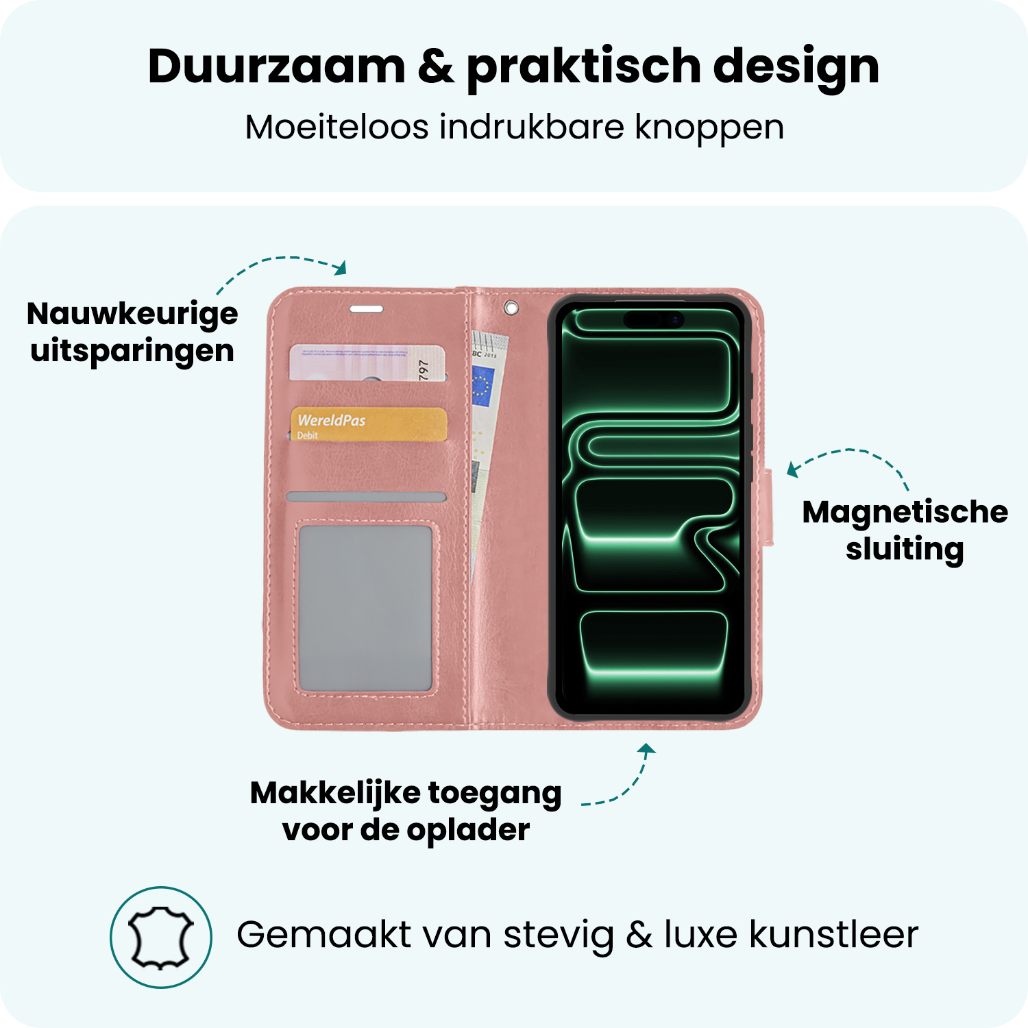 Forterra Forterra iPhone 17 Pro Hoesje Bookcase Met Screenprotector - Rose Goud