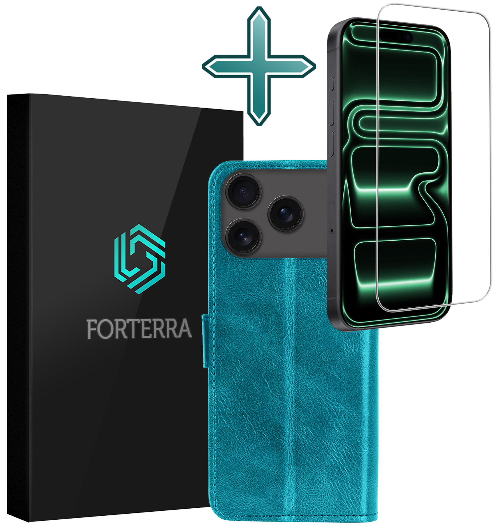 Forterra Forterra iPhone 17 Pro Hoesje Bookcase Met Screenprotector - Turquoise