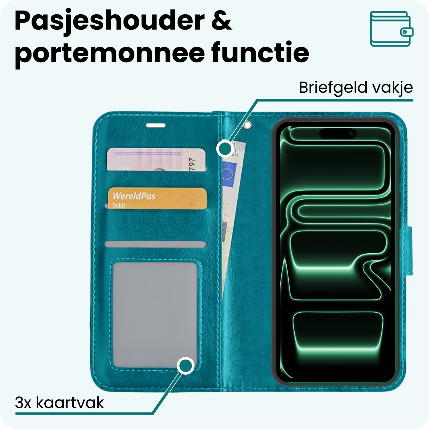Forterra Forterra iPhone 17 Pro Hoesje Bookcase Met Screenprotector - Turquoise