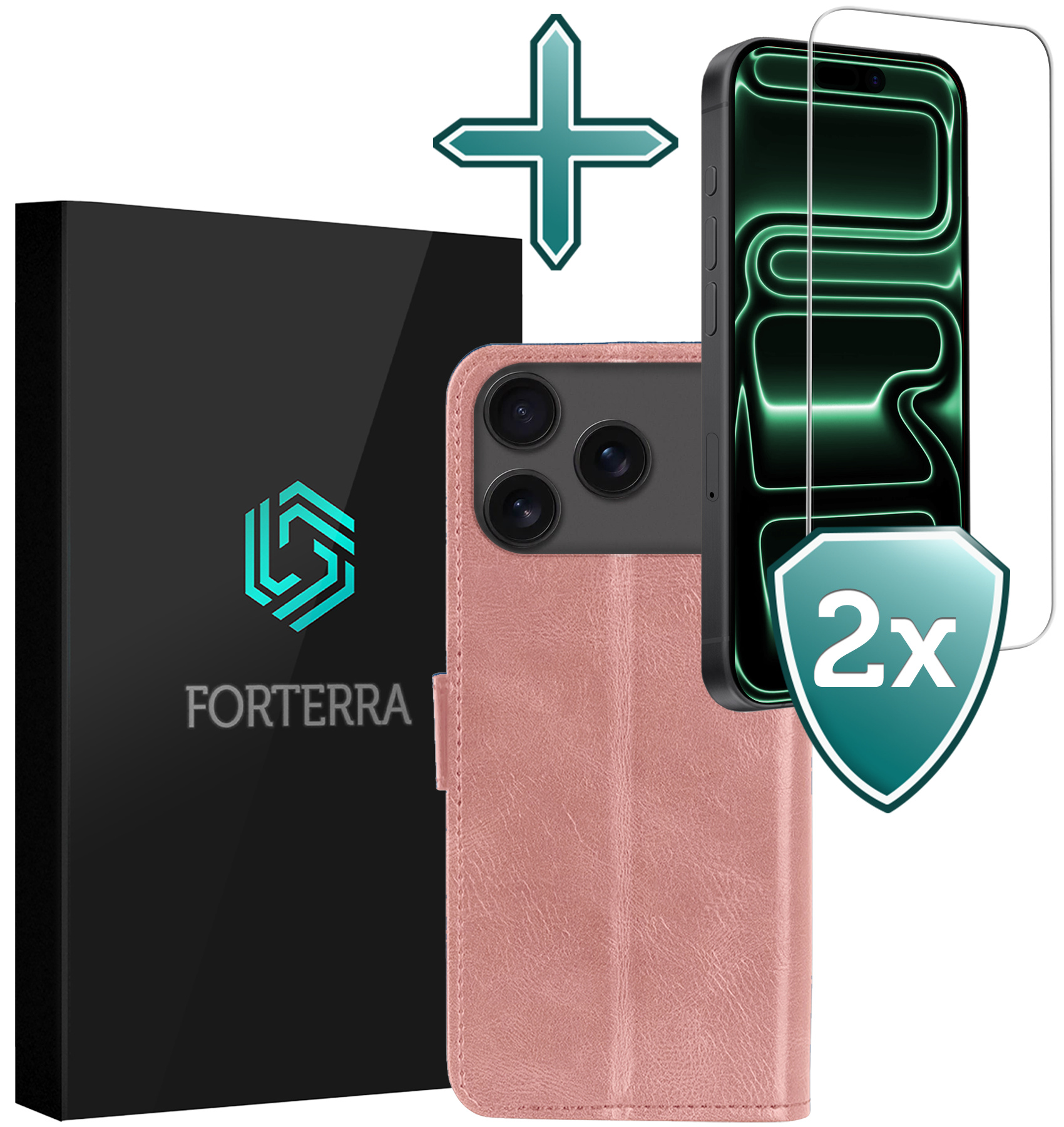 Forterra Forterra iPhone 17 Pro Hoesje Bookcase Met 2x Screenprotector - Rose Goud