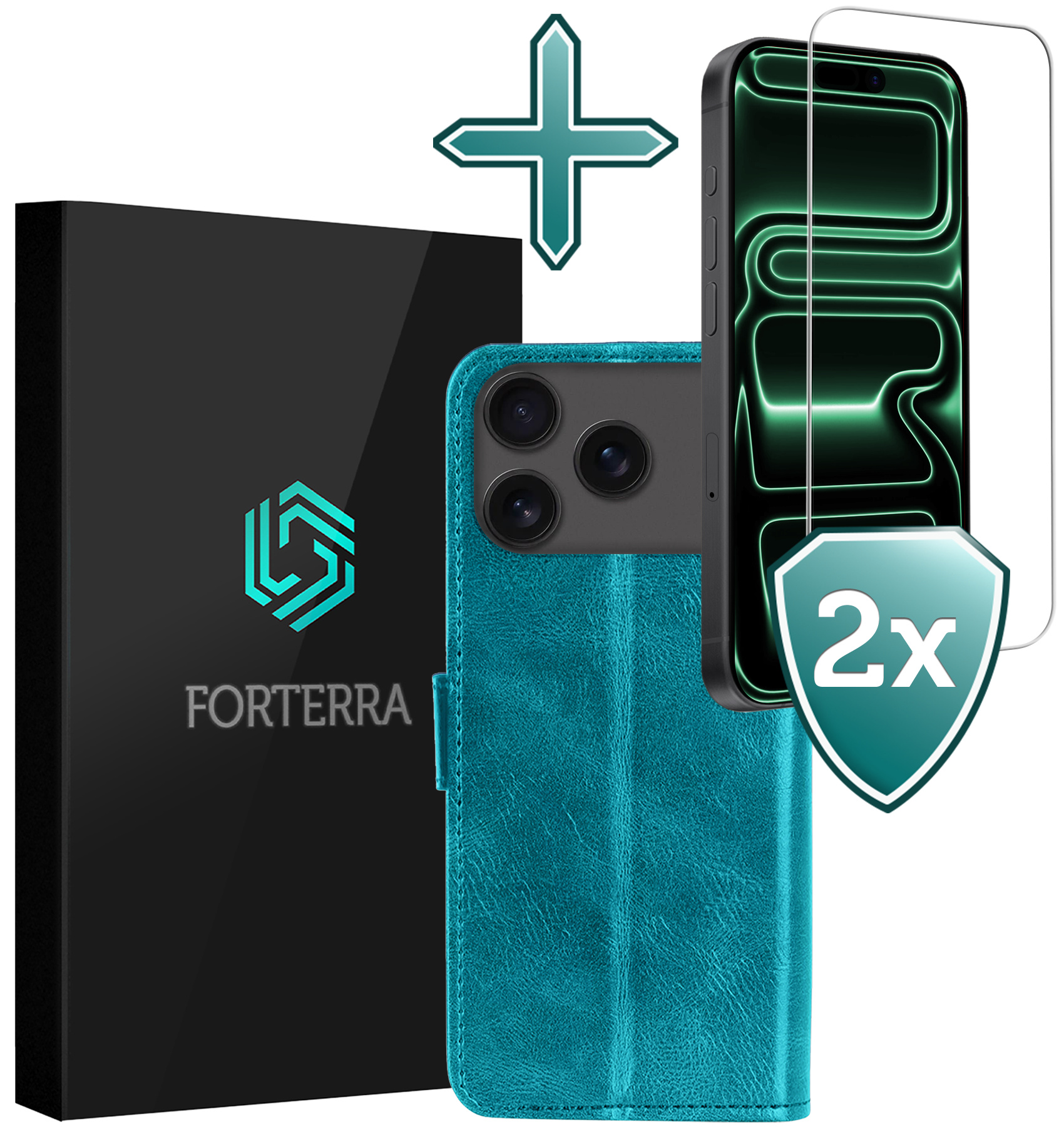 Forterra Forterra iPhone 17 Pro Hoesje Bookcase Met 2x Screenprotector - Turquoise
