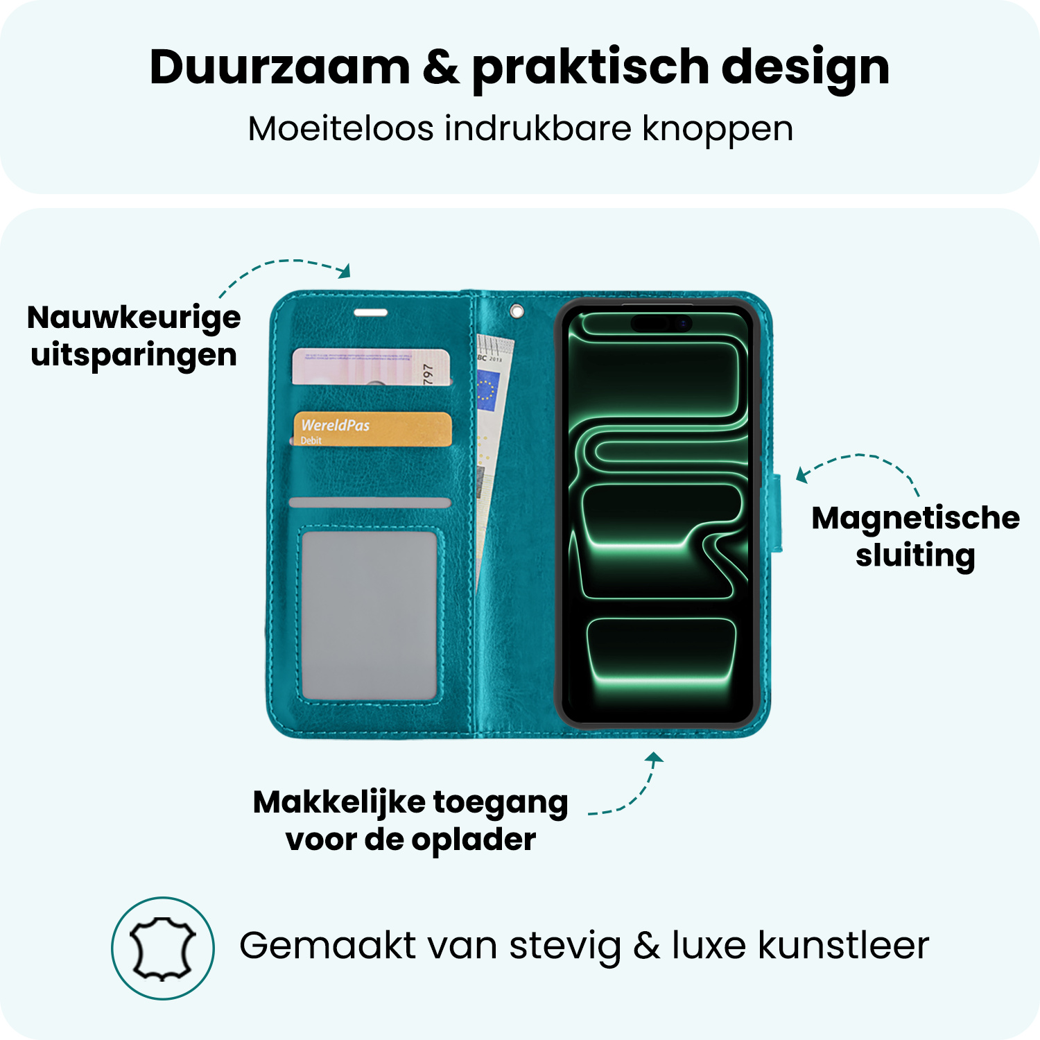 Forterra Forterra iPhone 17 Pro Max Hoesje Bookcase Met Screenprotector - Turquoise