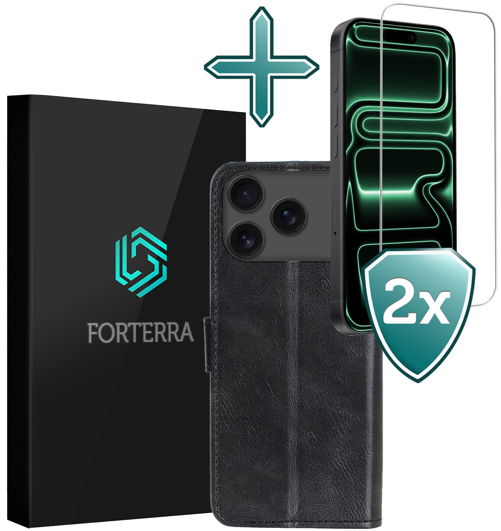 Forterra Forterra iPhone 17 Pro Max Hoesje Bookcase Met 2x Screenprotector - Zwart