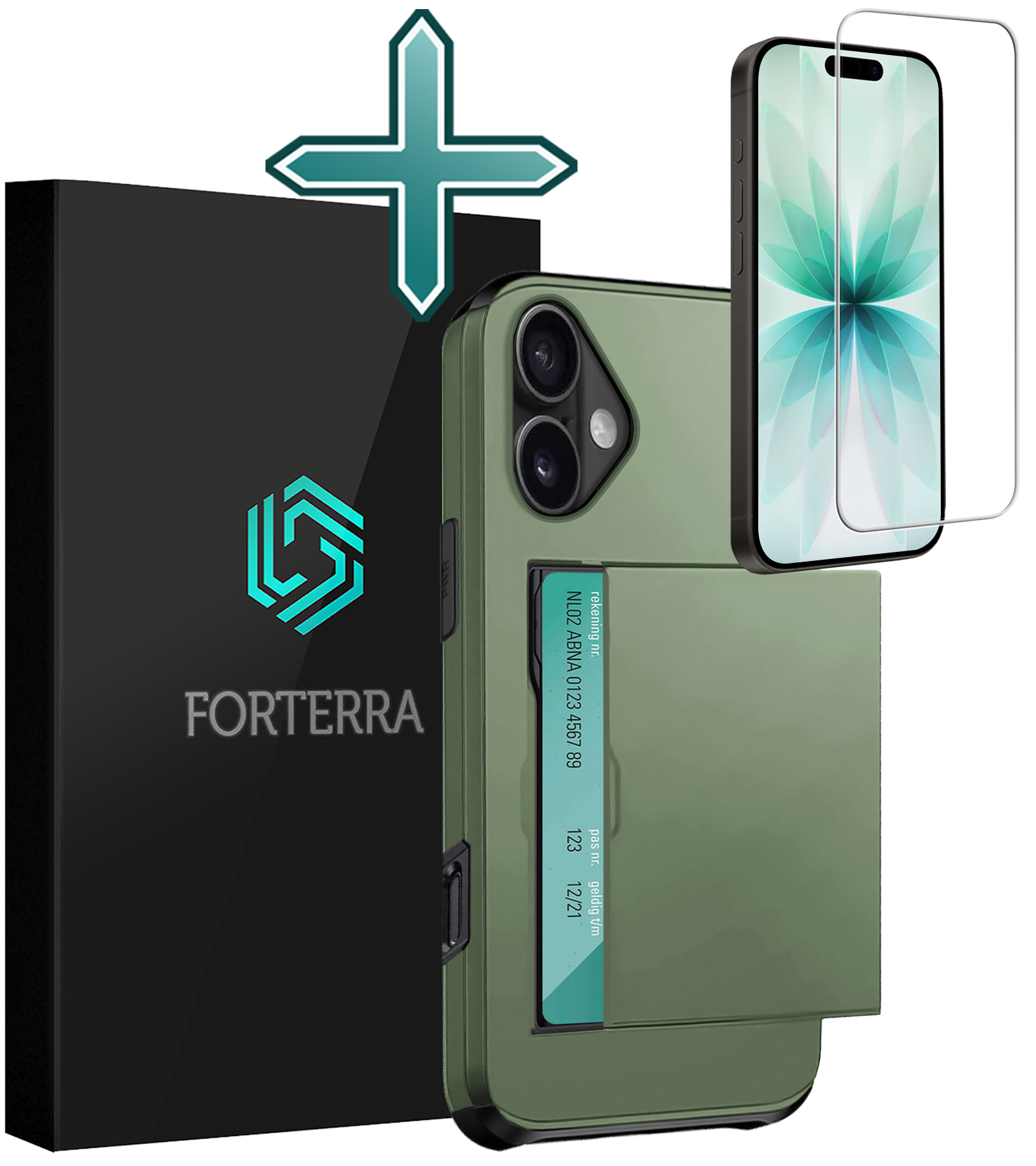 Forterra Forterra iPhone 17 Hoesje Pashouder Hard Met Screenprotector - Donker Groen