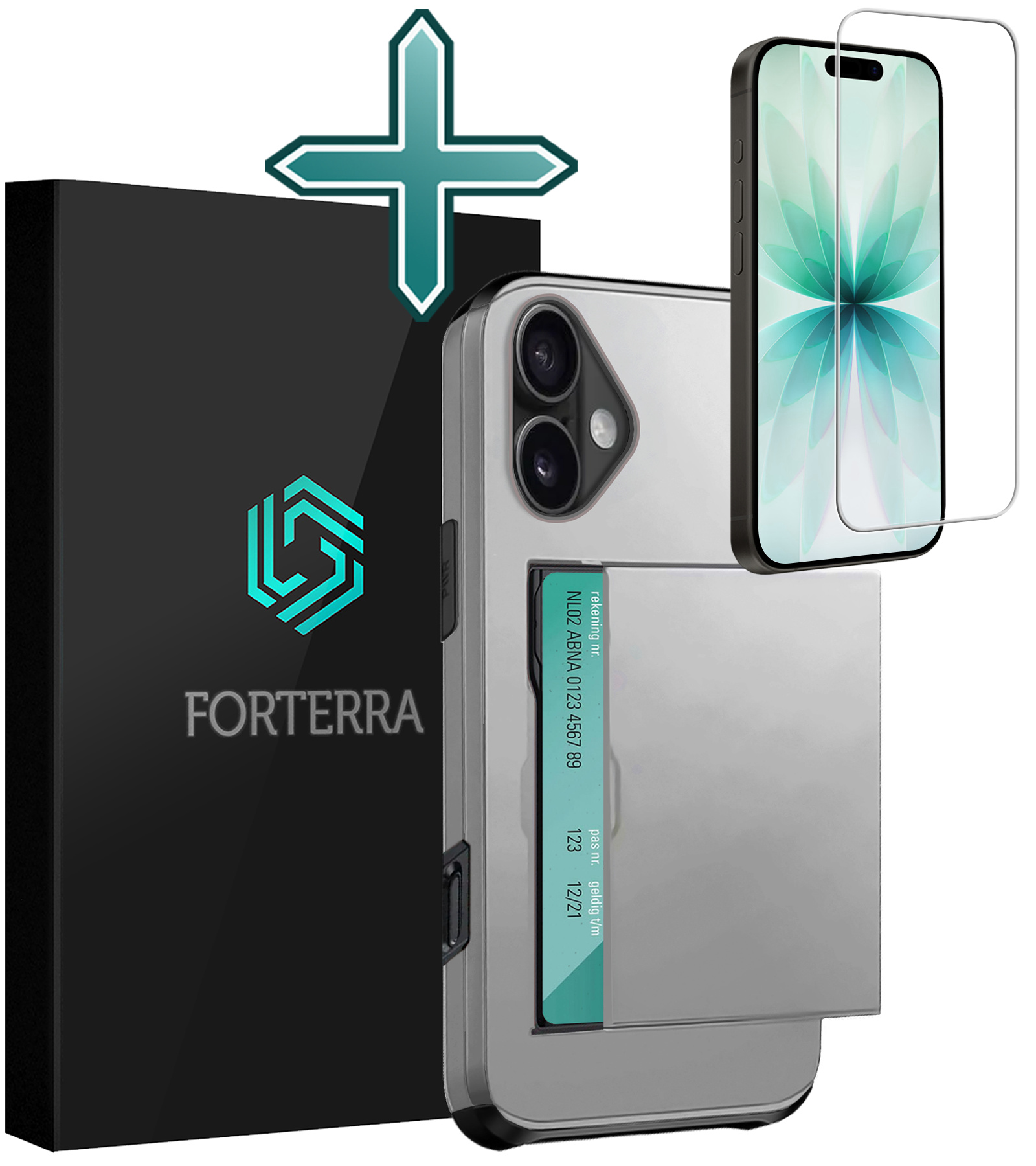 Forterra Forterra iPhone 17 Hoesje Pashouder Hard Met Screenprotector - Grijs