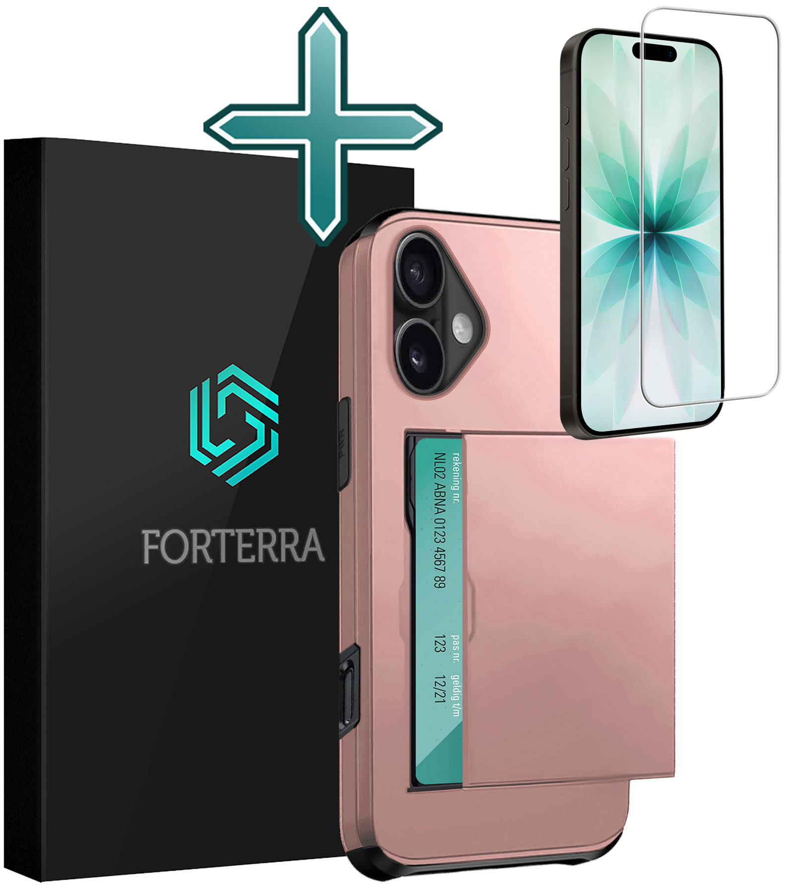 Forterra Forterra iPhone 17 Hoesje Pashouder Hard Met Screenprotector - Rosé Goud
