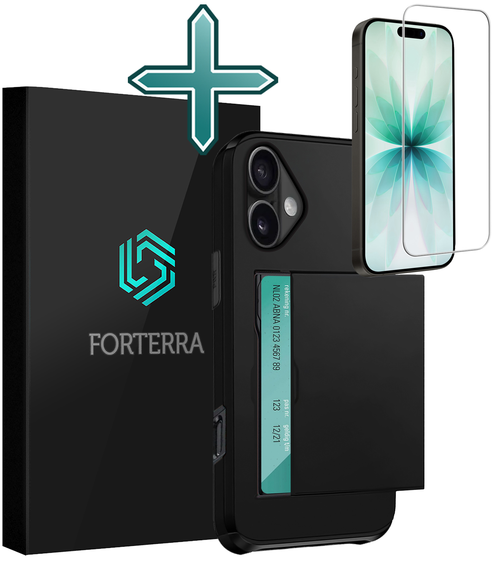 Forterra Forterra iPhone 17 Hoesje Pashouder Hard Met Screenprotector - Zwart