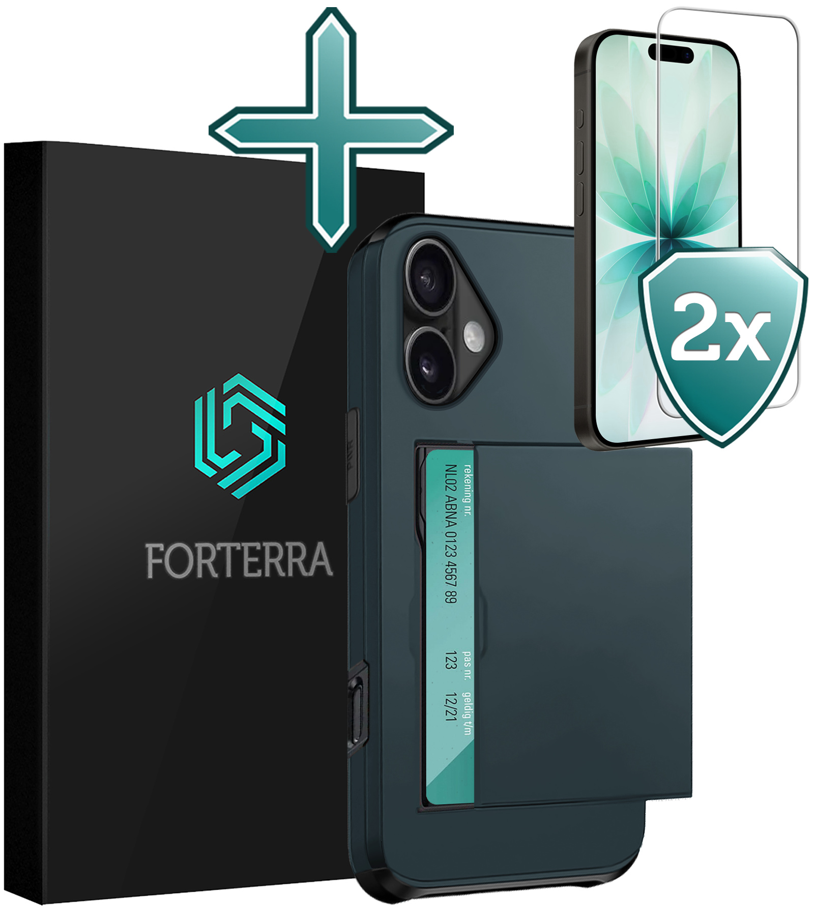 Forterra Forterra iPhone 17 Hoesje Pashouder Hard Met 2x Screenprotector - Donker Blauw