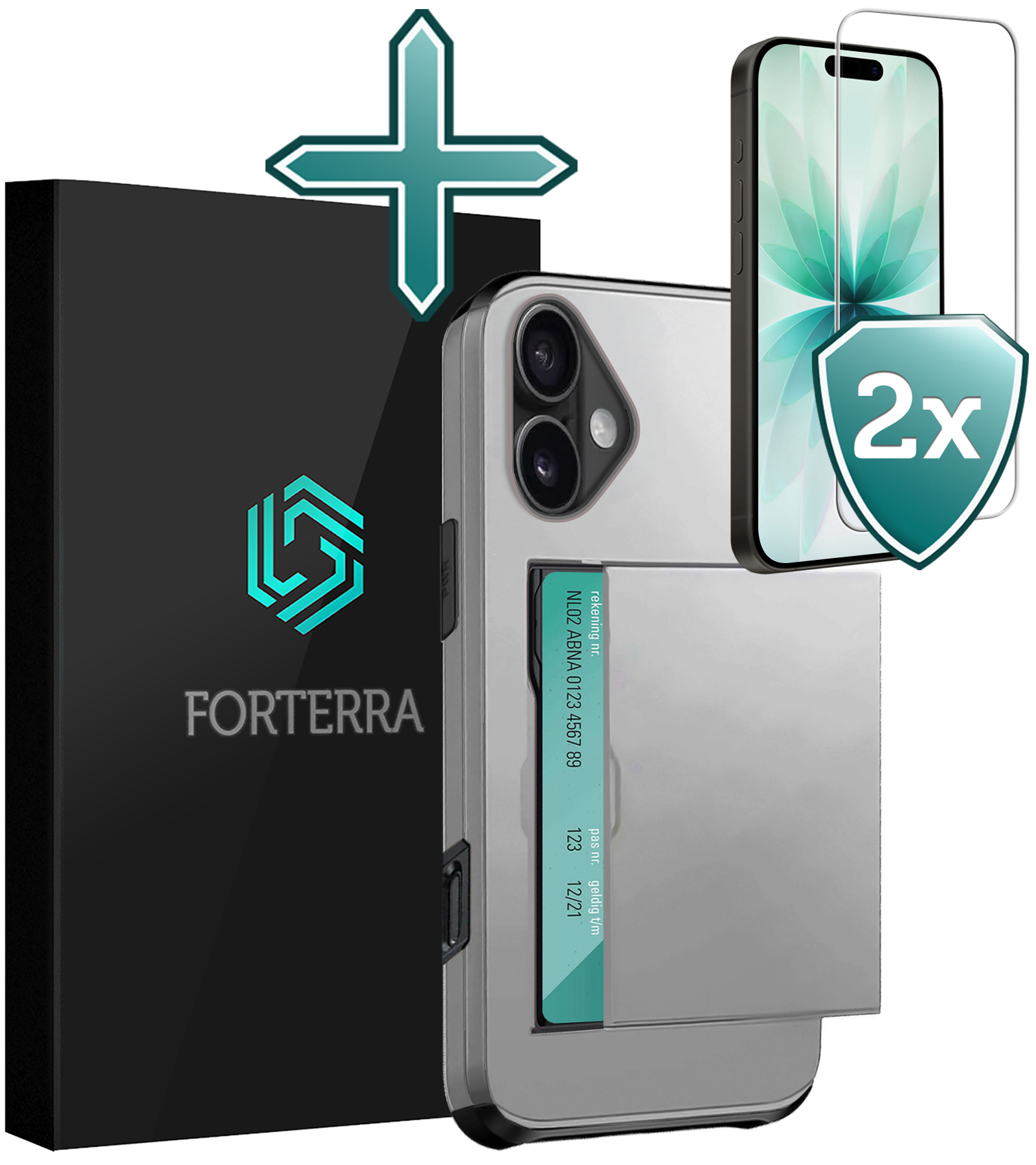 Forterra Forterra iPhone 17 Hoesje Pashouder Hard Met 2x Screenprotector - Grijs