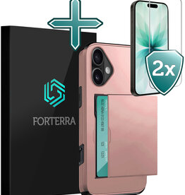 Forterra Forterra iPhone 17 Hoesje Pashouder Hard Met 2x Screenprotector - Rosé Goud