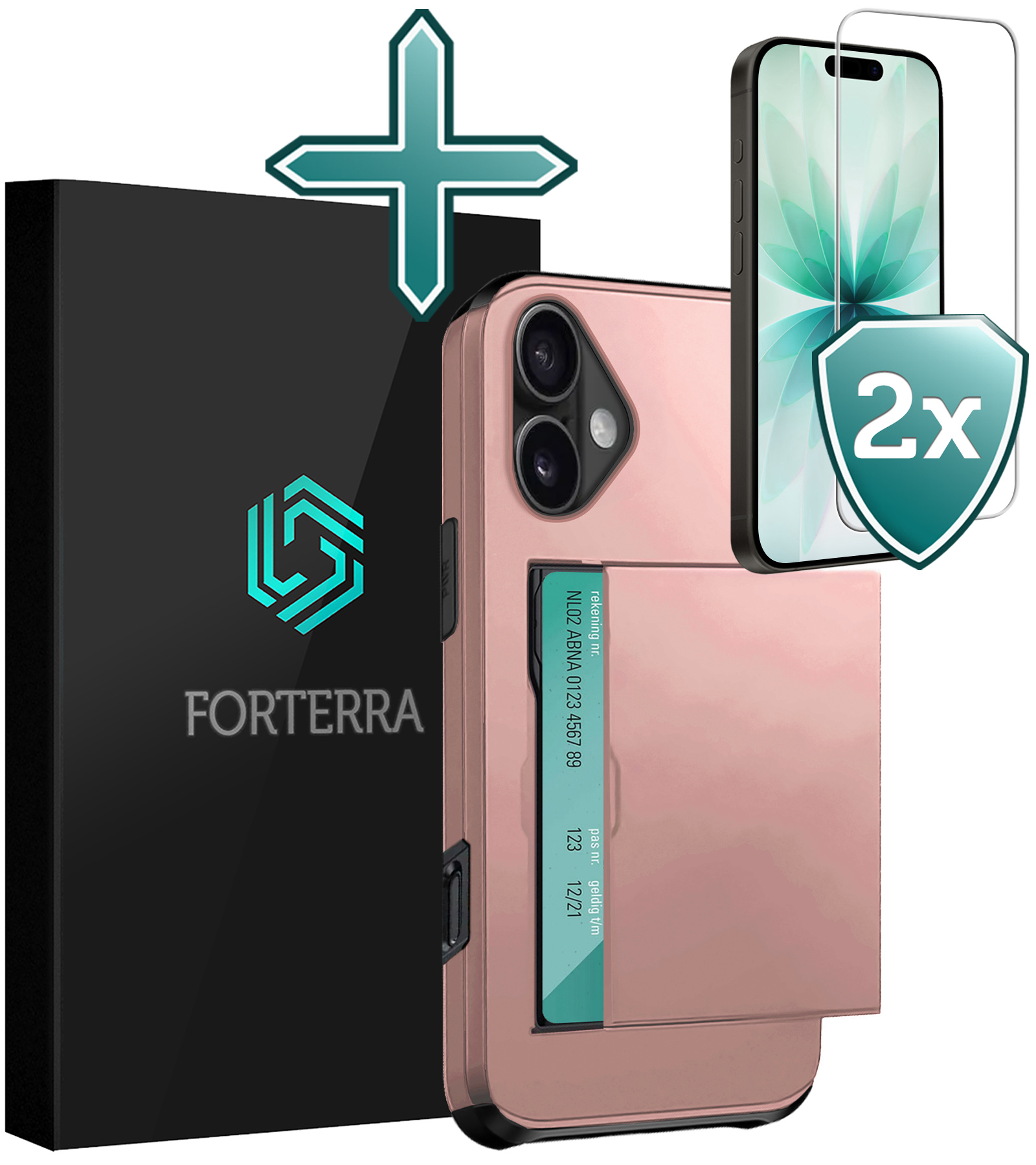 Forterra Forterra iPhone 17 Hoesje Pashouder Hard Met 2x Screenprotector - Rosé Goud