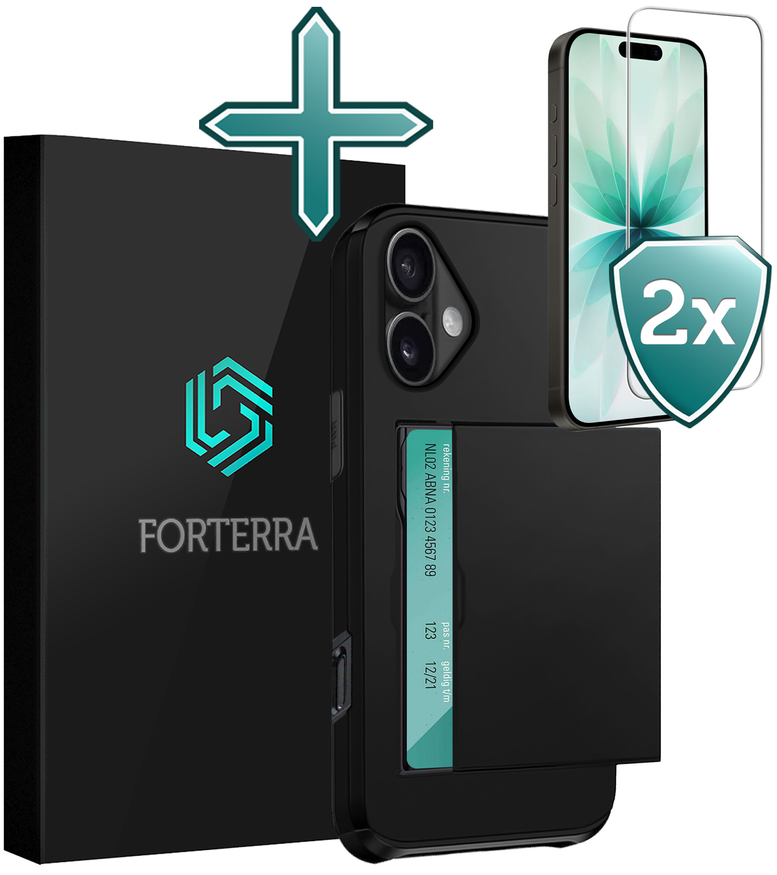 Forterra Forterra iPhone 17 Hoesje Pashouder Hard Met 2x Screenprotector - Zwart