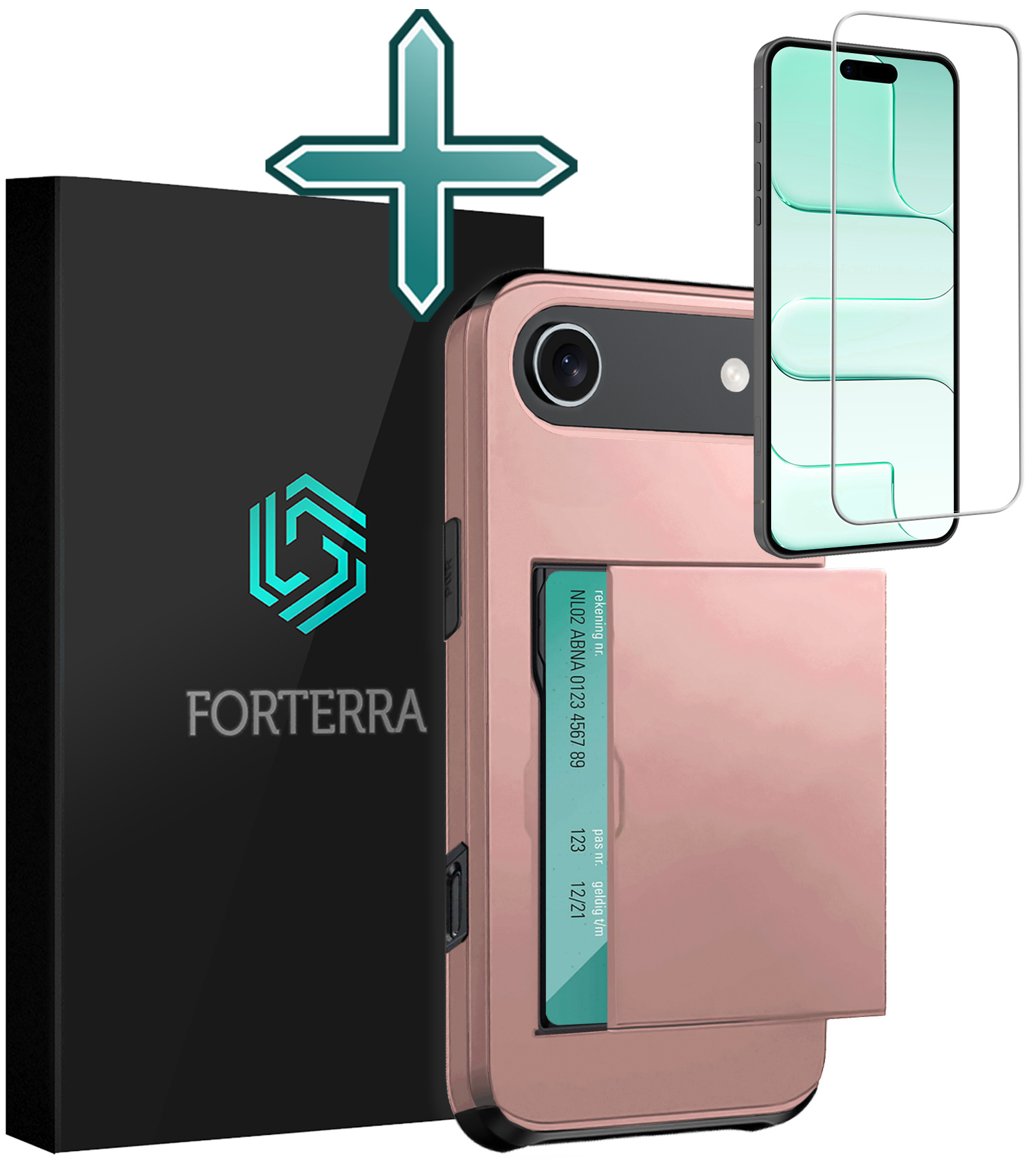 Forterra Forterra iPhone Air Hoesje Pashouder Hard Met Screenprotector - Rosé Goud