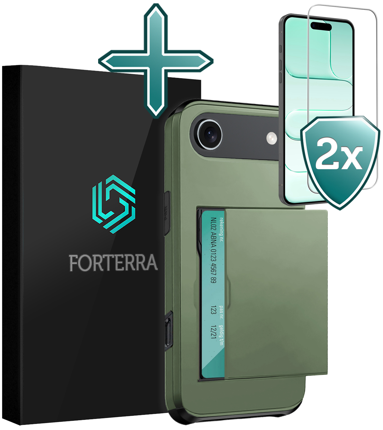 Forterra Forterra iPhone Air Hoesje Pashouder Hard Met 2x Screenprotector - Donker Groen