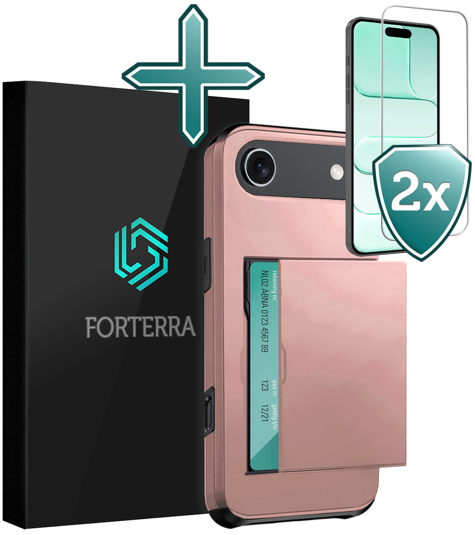 Forterra Forterra iPhone Air Hoesje Pashouder Hard Met 2x Screenprotector - Rosé Goud