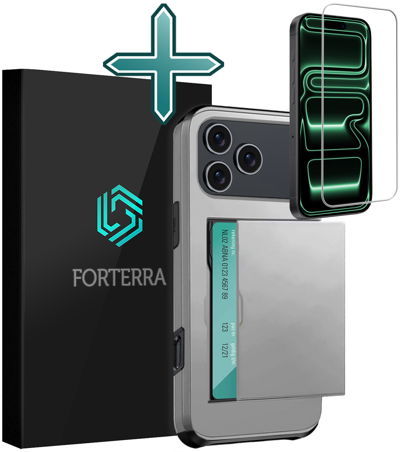 Forterra Forterra iPhone 17 Pro Hoesje Pashouder Hard Met Screenprotector - Grijs