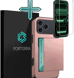 Forterra Forterra iPhone 17 Pro Hoesje Pashouder Hard Met Screenprotector - Rosé Goud