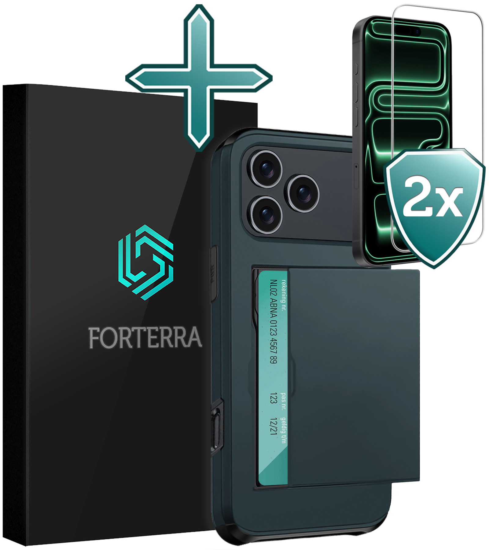 Forterra Forterra iPhone 17 Pro Hoesje Pashouder Hard Met 2x Screenprotector - Donker Blauw