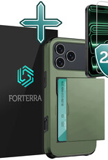 Forterra Forterra iPhone 17 Pro Hoesje Pashouder Hard Met 2x Screenprotector - Donker Groen