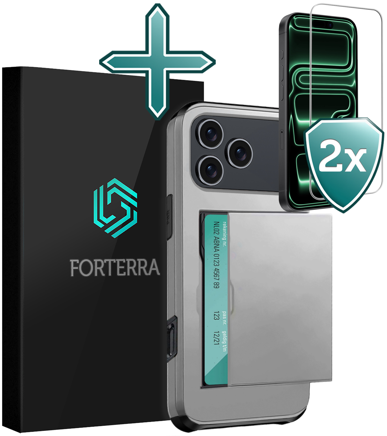 Forterra Forterra iPhone 17 Pro Hoesje Pashouder Hard Met 2x Screenprotector - Grijs