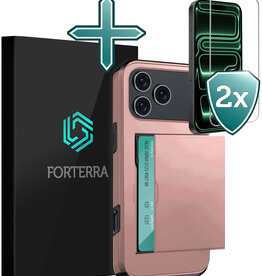 Forterra Forterra iPhone 17 Pro Hoesje Pashouder Hard Met 2x Screenprotector - Rosé Goud