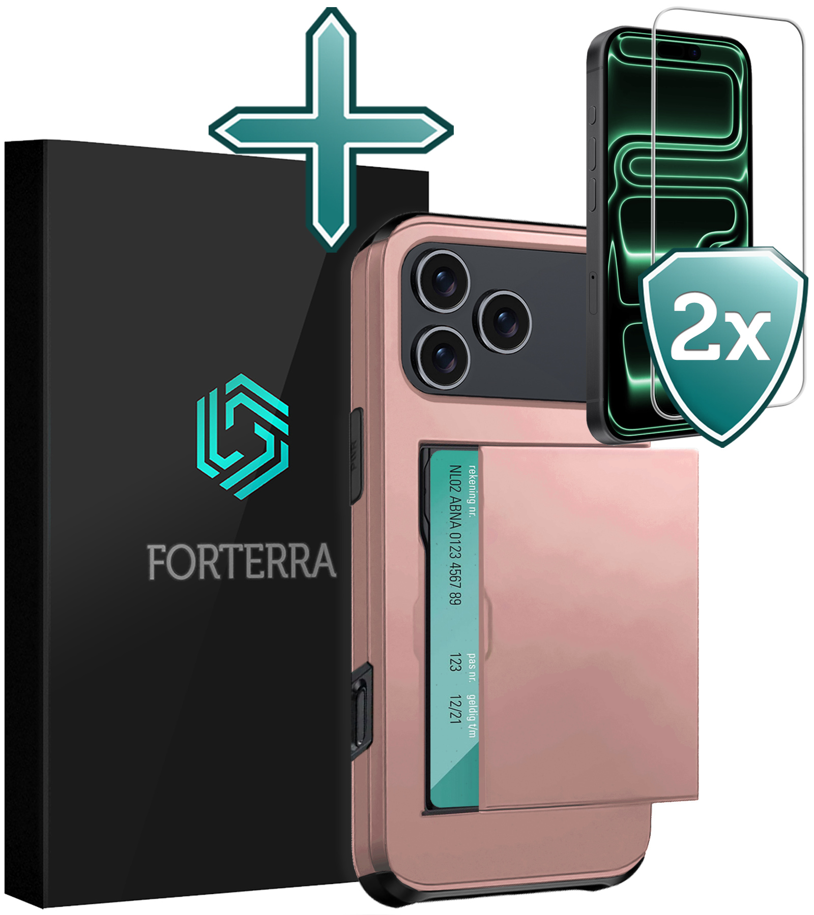 Forterra Forterra iPhone 17 Pro Hoesje Pashouder Hard Met 2x Screenprotector - Rosé Goud