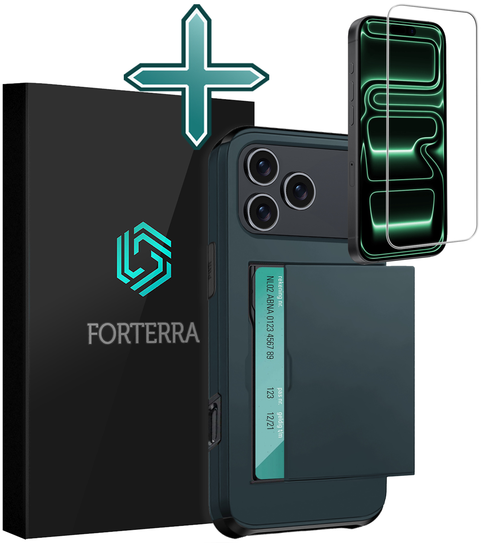 Forterra Forterra iPhone 17 Pro Max Hoesje Pashouder Hard Met Screenprotector - Donker Blauw