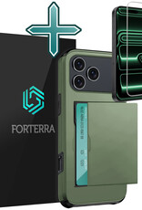 Forterra Forterra iPhone 17 Pro Max Hoesje Pashouder Hard Met Screenprotector - Donker Groen