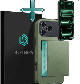 Forterra Forterra iPhone 17 Pro Max Hoesje Pashouder Hard Met Screenprotector - Donker Groen