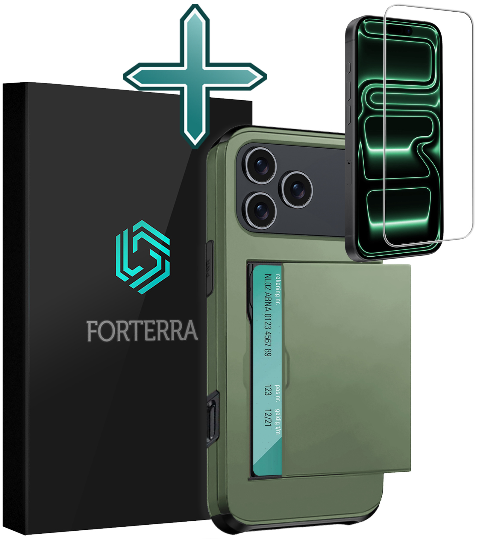 Forterra Forterra iPhone 17 Pro Max Hoesje Pashouder Hard Met Screenprotector - Donker Groen