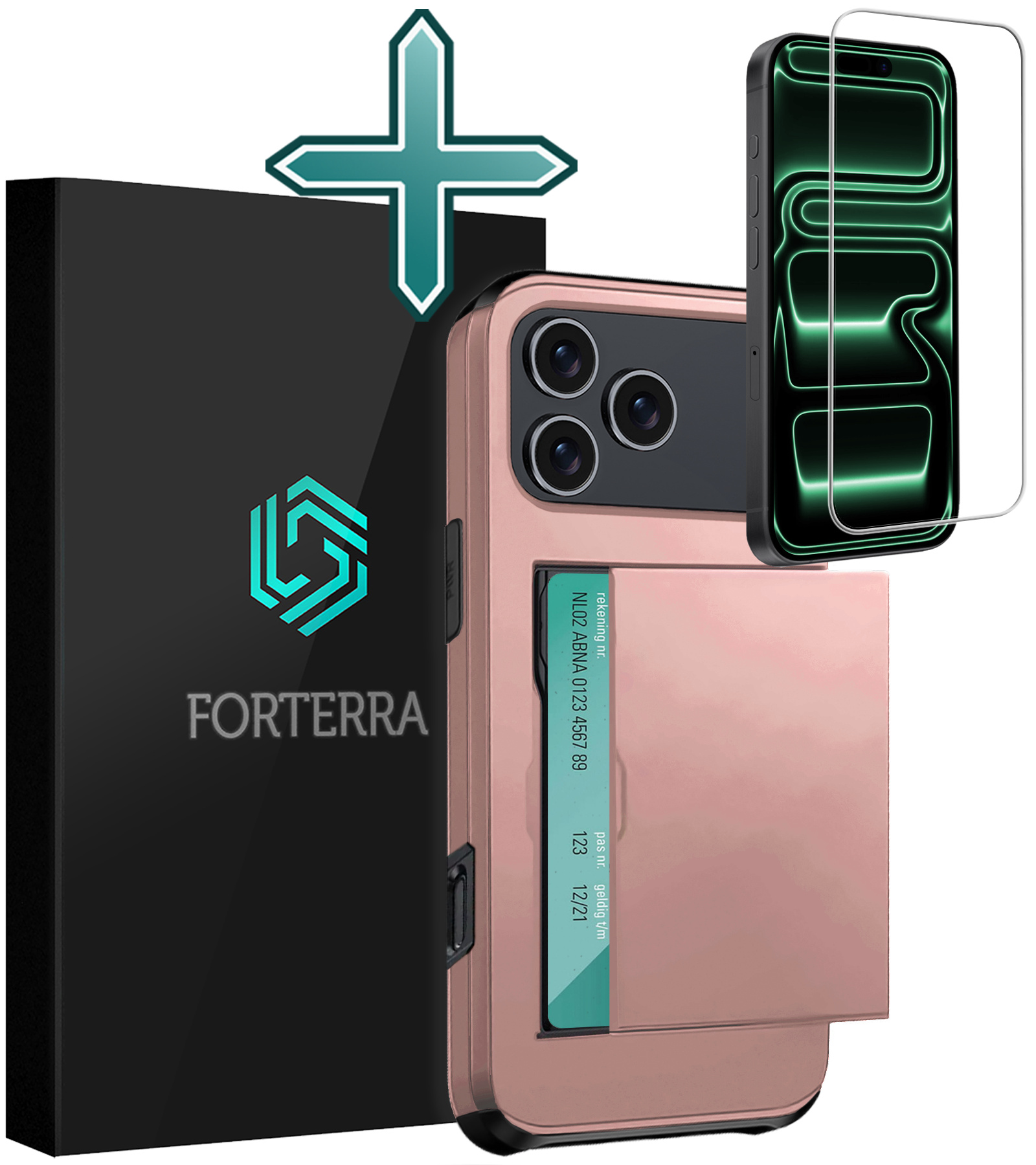 Forterra Forterra iPhone 17 Pro Max Hoesje Pashouder Hard Met Screenprotector - Rosé Goud