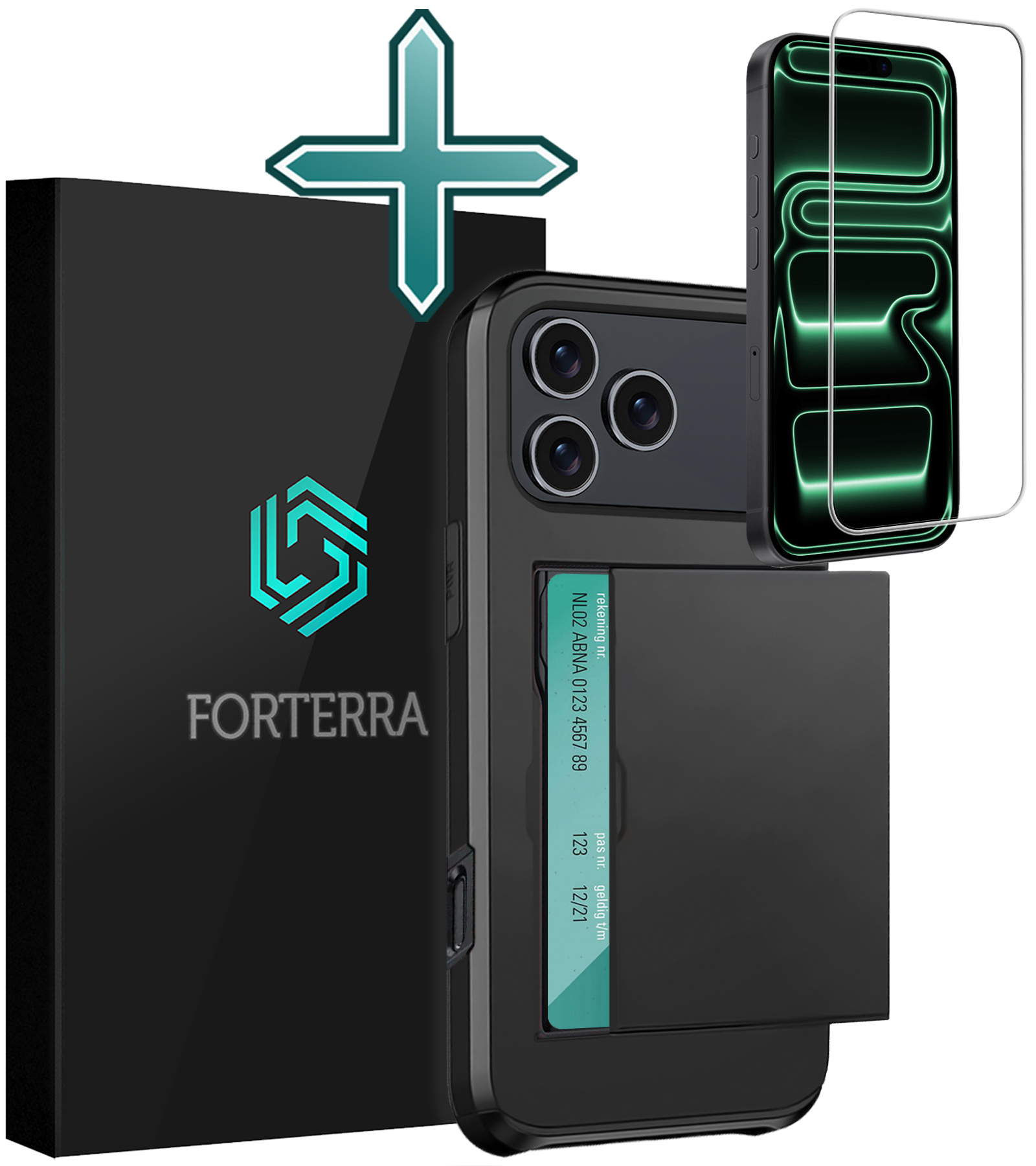 Forterra Forterra iPhone 17 Pro Max Hoesje Pashouder Hard Met Screenprotector - Zwart