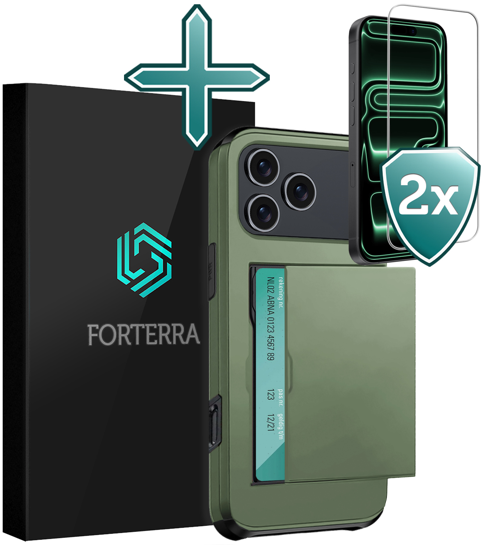 Forterra Forterra iPhone 17 Pro Max Hoesje Pashouder Hard Met 2x Screenprotector - Donker Groen