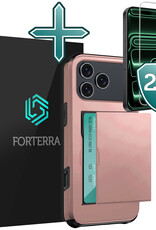 Forterra Forterra iPhone 17 Pro Max Hoesje Pashouder Hard Met 2x Screenprotector - Rosé Goud
