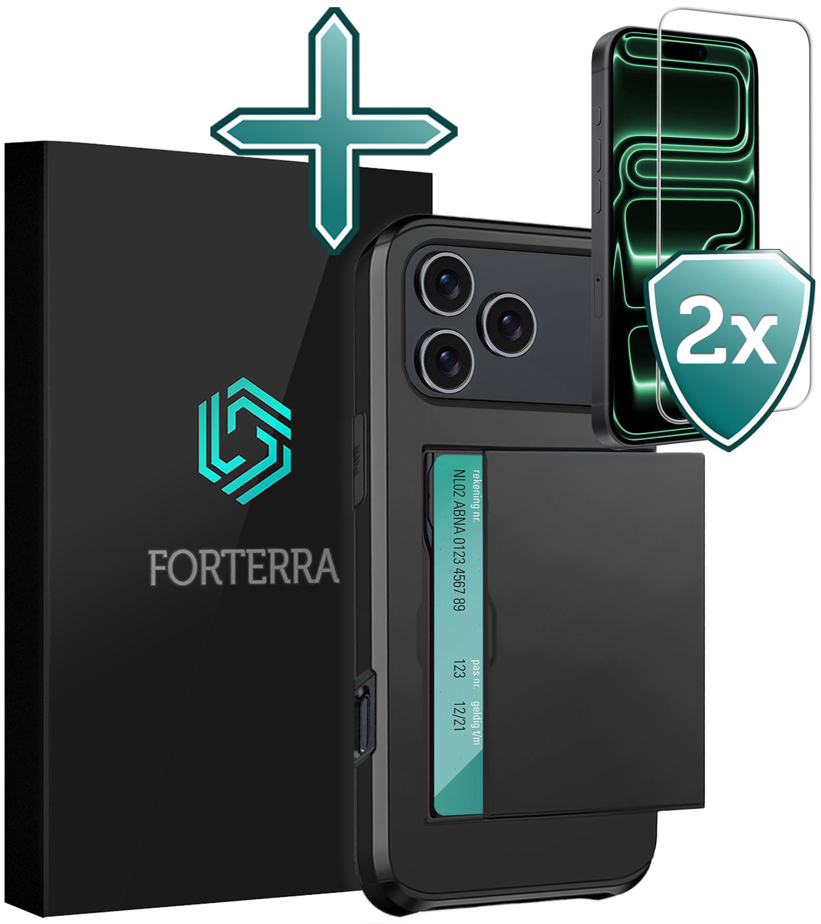 Forterra Forterra iPhone 17 Pro Max Hoesje Pashouder Hard Met 2x Screenprotector - Zwart