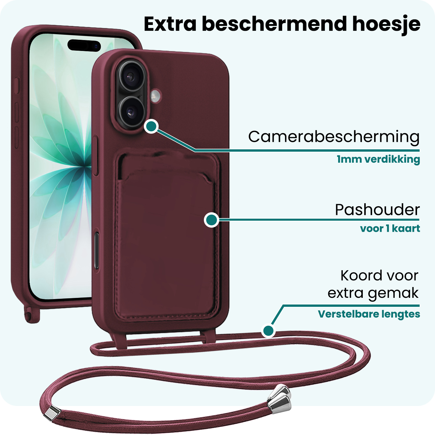 Forterra Forterra iPhone 17 Hoesje Pashouder met Koord - Aubergine - 2 PACK