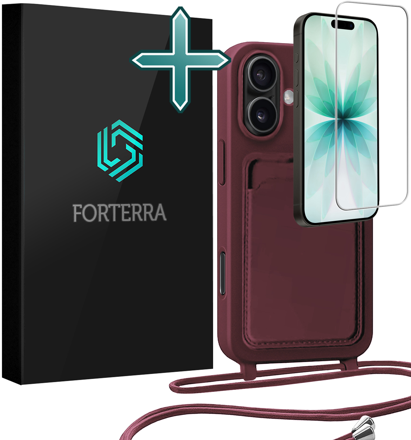 Forterra Forterra iPhone 17 Hoesje Pashouder met Koord Met Screenprotector - Aubergine